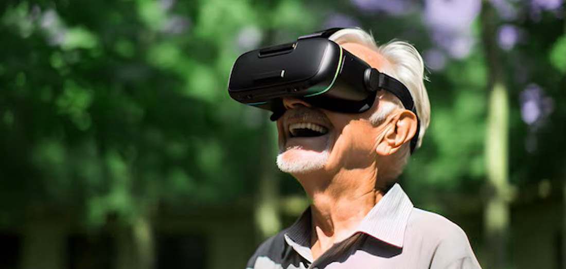 Happy Older Student using VR to learn English